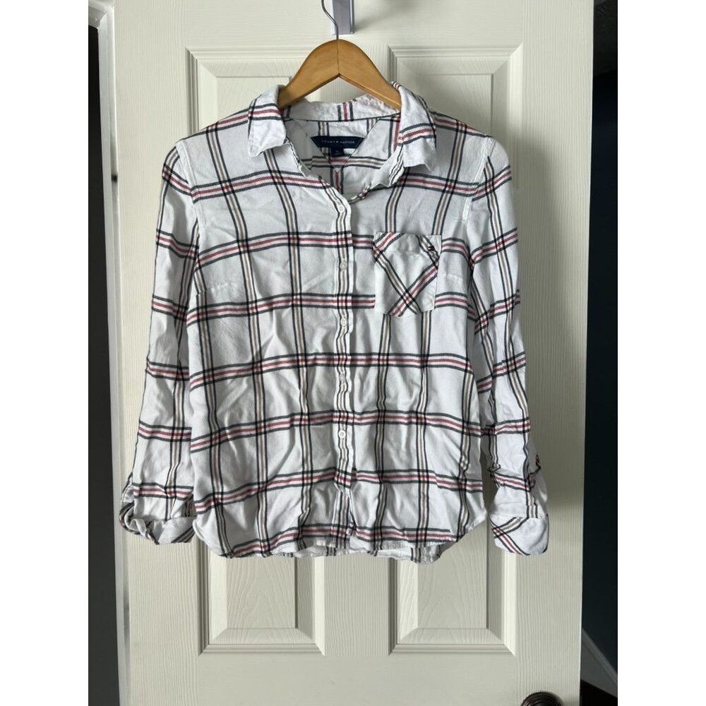 Tommy Hilfiger White Plaid Button Up Shirt Womens Medium Viscose Soft Flannel